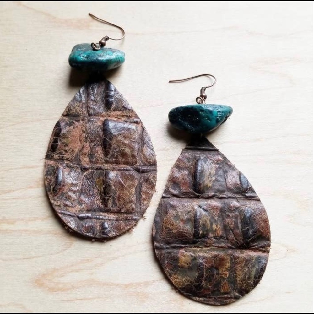 Leather teardrop earrings brwn Gator  Turquoise